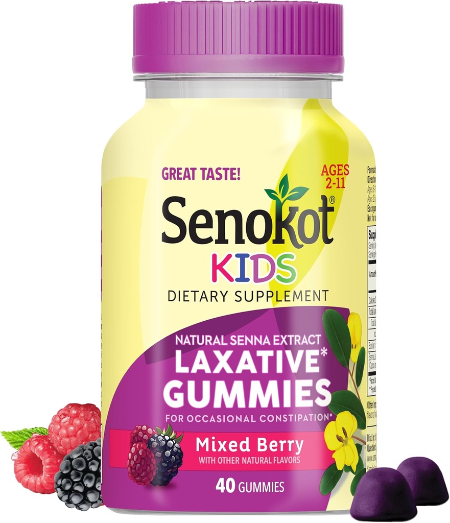 Senokot Kids Mixed Berry Laxative Gummies for Age 2+, Senna Extract for Gentle, Overnight Relief from Occasional Obstipation, 40 quilates