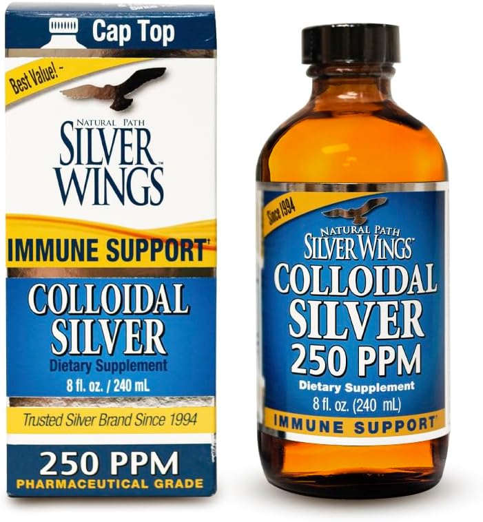 Caminho natural Asas de prata Líquido de prata coloidal - Suplemento de suporte imunológico melhorado - 250ppm (1250mcg) - 8 onças