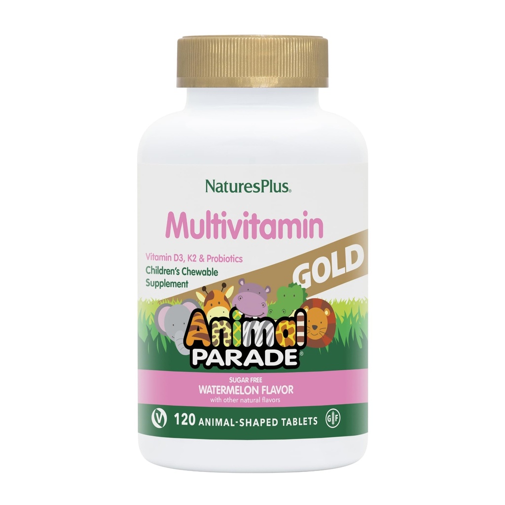 Naturezas Plus Animal Desfile Ouro Multivitamin Mastigações infantis - Melancia sabor - 120 Animal-Shaped Comprimidos - Vitamina D3, K2 & Probióticos - Vegan, Gluten Free - 60 Total Servings