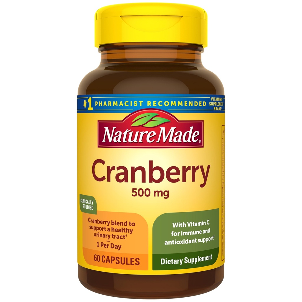 Nature Made Cranberry Suplemento 500mg com vitamina C para suporte imunológico e antioxidante, Cranberry Blend para saúde do trato urinário, Um por dia, 60 Cápsulas
