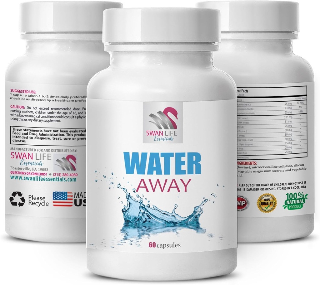 Suplemento de suporte diurético - ÁGUA AWAY - Suplemento de água, equilíbrio de fluidos, mistura de ervas, apoio diurético, equilíbrio natural de água, água de ervas, complexo diurético, suplemento de bem-estar 1Bot 60Caps