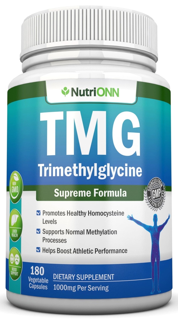 TMG Trimetilglicina Suplemento - 1000mg - 180 Cápsulas - Premium Pure Betaine Anhydrous - Suporta Homocisteína Normal e Níveis de Pressão Arterial - Promove Processos de Metilação - Fórmula Não-GMO