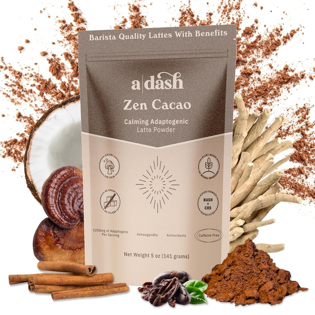 A Dash Zen Cacao Latte, Chocolate Coco Cogumelo Café Alternativa Made with Adaptogens, Ashwagandha, & Cinnamon Root Extract, Coco Coco Cogumelo Quente com Sem Cafeína (20 Servings)
