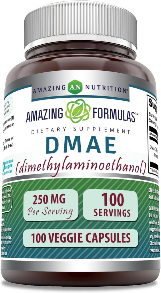 Fórmulas surpreendentes Suplemento DMAE 250 Mg Cápsulas Veggie Não-GMO □ Gluten-Free □ Made in USA (1 Pack, 100 Count)