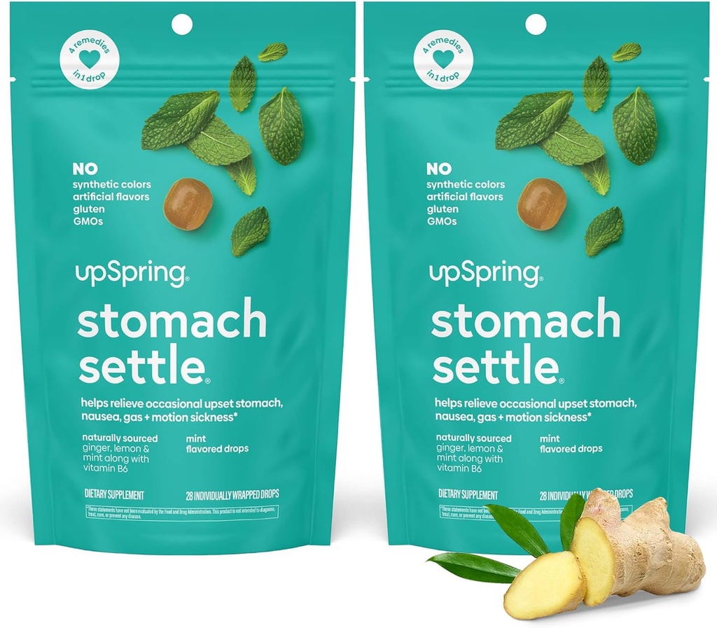 UpSpring Stomach resolver gotas para alívio de náuseas ocasionais, estômago irritado e doença de movimento com Ginger, Limão, Spearmint e B6, Gotas sabor de hortelã, 56ct (Pacote de 2)