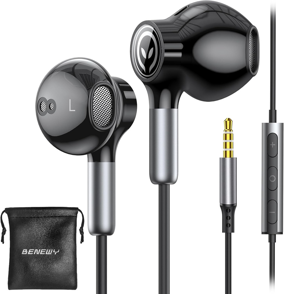 Earbuds com fio BENEWY com microfone, fones de ouvido com fio no ouvido, controle de volume, baixo poderoso e áudio claro, 3,5 milímetros Jack Earbuds para iPhone, iPad, laptop, computador, MP3