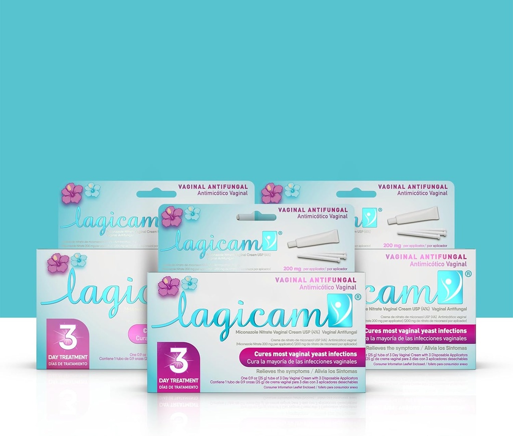 Lagicam Tratamento de Infecção por Levedura de 3 dias para Mulheres, Comece a trabalhar no 1o dia, Nitrato de Miconazol, Creme vaginal antifúngico para coceira e irritação, 3 Aplicadores descartáveis e creme (Pacote de 3)