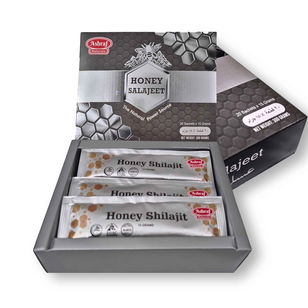 Natural Shilajit Honey Sticks 15 Gram Cada 20 Sticks - Shilajit Resin com mel cru puro, ácido fulvico & vestígios minerais, nutrientes baseados em plantas para energia, Vitalidade e suporte imunológico