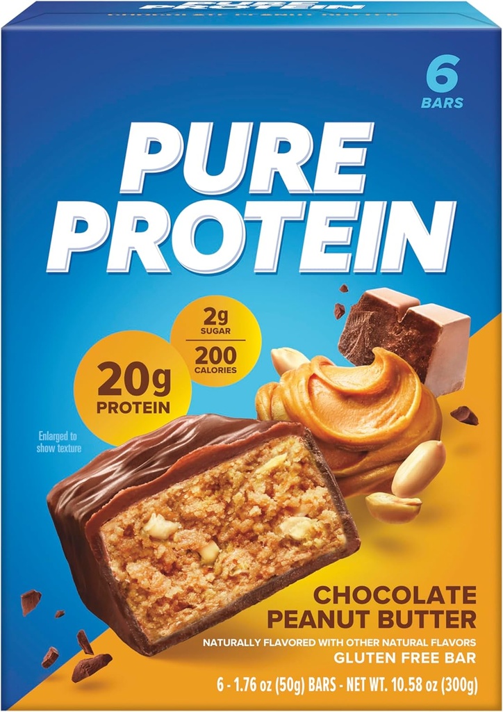 Barras de proteína pura, alta proteína, lanches nutritivos para apoiar a energia, baixo açúcar, sem glúten, manteiga de amendoim de chocolate, 1.76 Oz (Pacote de 6)