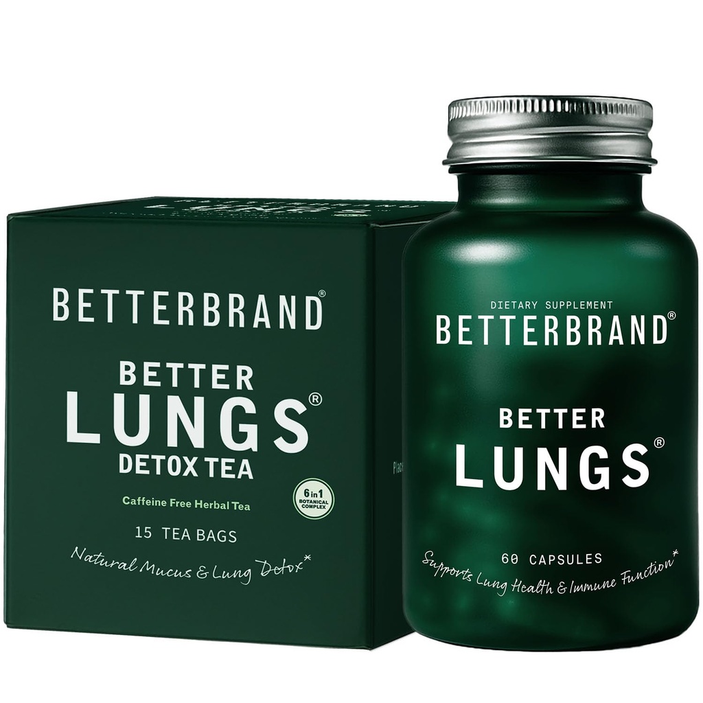 Betterbrand Better Lungs Health Pack - BetterLungs & BetterLungs Detox Tea Bundle - Suplemento de Saúde Resporatório Diário - 15X Herbal Tea Bags + 60 Cápsulas