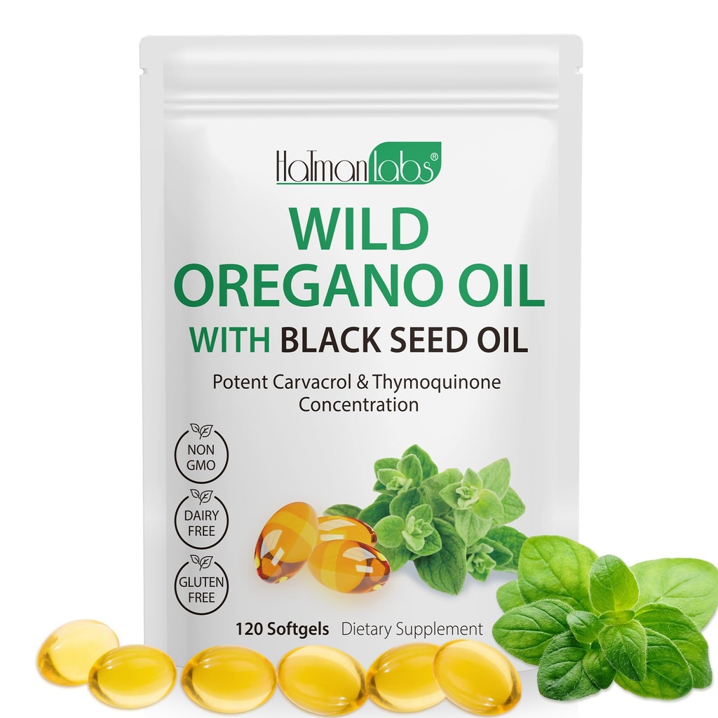 Óleo de Orégano com óleo de semente preta, óleo orgânico de Orégano Softgels, cápsulas de óleo de Oregano Orgânico, não-GMO, sem glúten,120