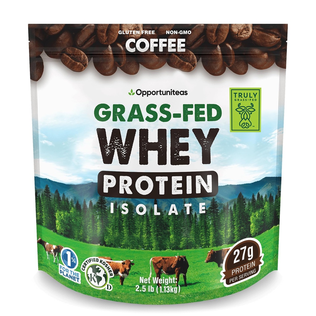 Opportuniteas Grass Fed Coffee Whey Protein Isolate Powder - 27g Protein Powder Sem Adoçantes Artificiais, Vacas sem Hormonas, Não OGM - 2,5 kg