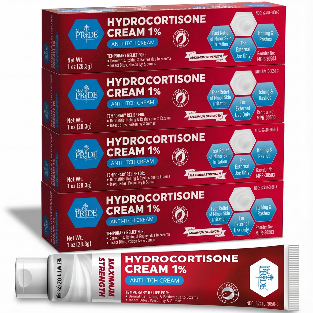 MED Orgulho Hidro Cortisona (Hydrocortisona) Creme 1% OTC Pacote em massa de 4 X 1 Oz Anti-Itch Pomada para Erupção, Eczema, Mordidas de Bug