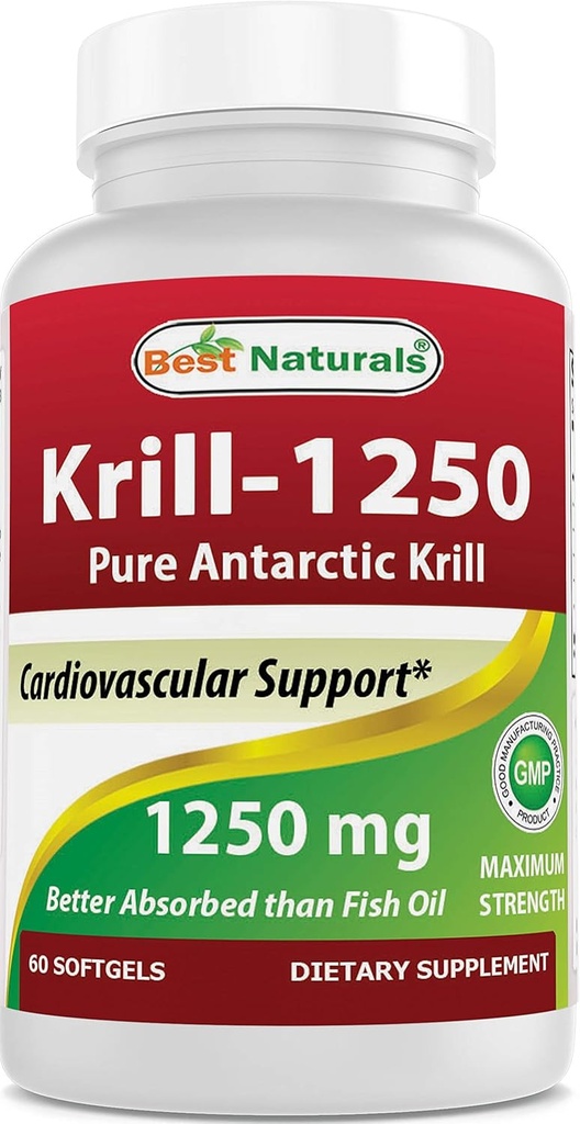 Melhor Naturals Puro Óleo de Krill Antártico 1250 mg (Força Tripla) com Omega-3s EPA, DHA e Astaxantina 60 Softgels