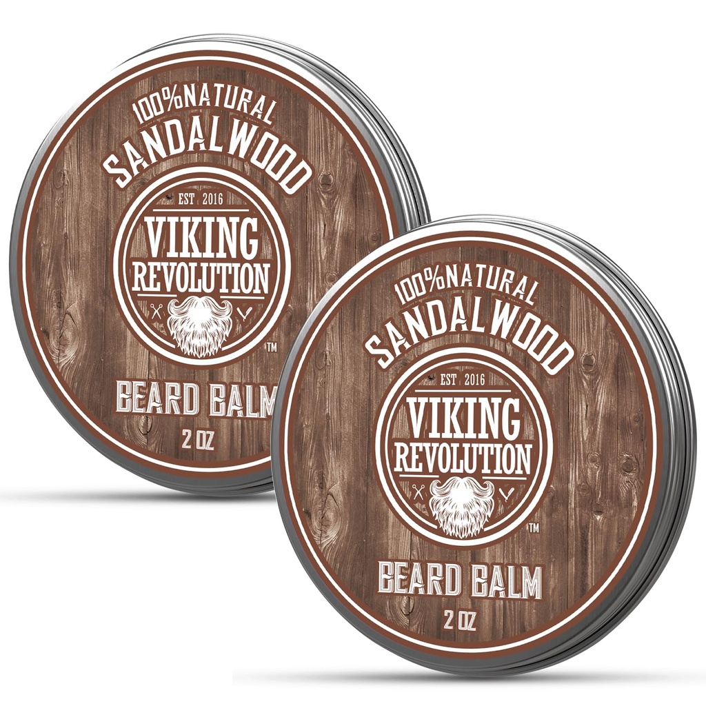 Revolution Viking Sandalwood Balm Barba - Manteiga de Barba com Óleo de Argan, Amortecedor de Barba para Homens com Óleo de Jojoba - Hidratante de Barba para Homens com Cera de Abelhas - Cera de Barba para Homens (2 oz, 2 Pack)