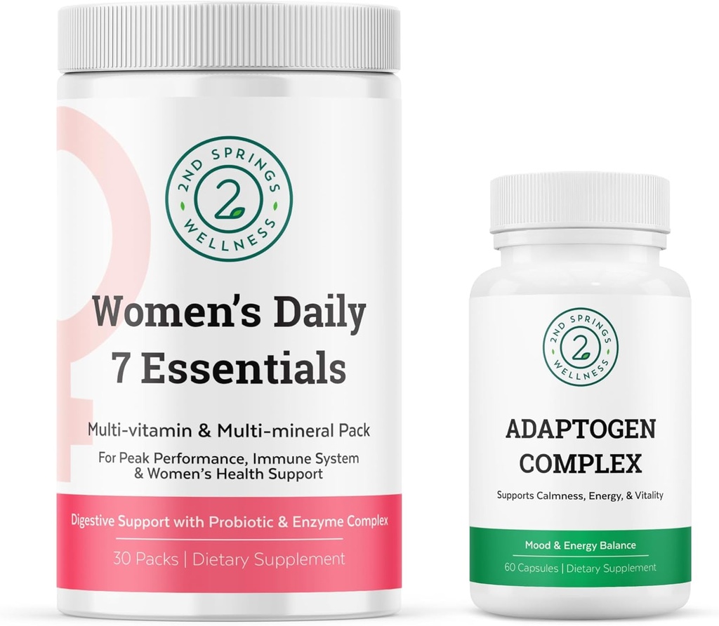 Conjunto diário feminino 7 Essentials & Adaptogen Complexo - Pacote multivitamínico completo com suporte de adaptação ao estresse para a saúde ideal da mulher