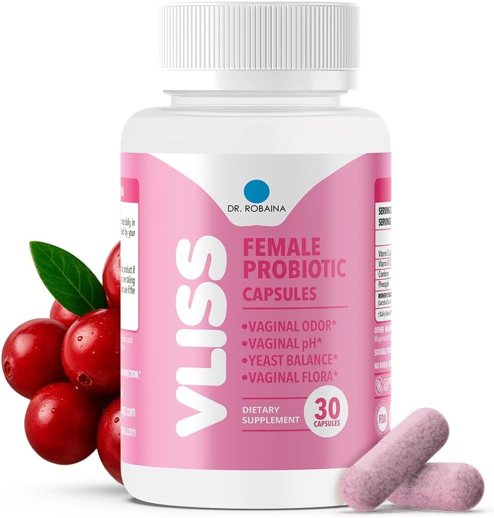 Dr. Robaina Diary Vaginal Probiótico + Cranberry & Abacaxi, 5 B CFU Lactobacillus (rhamnosus, reuteri, gasseri, crispatus), pH Balance & Odor Control, Vitamina C & B-12, 30 Cápsulas Vegan