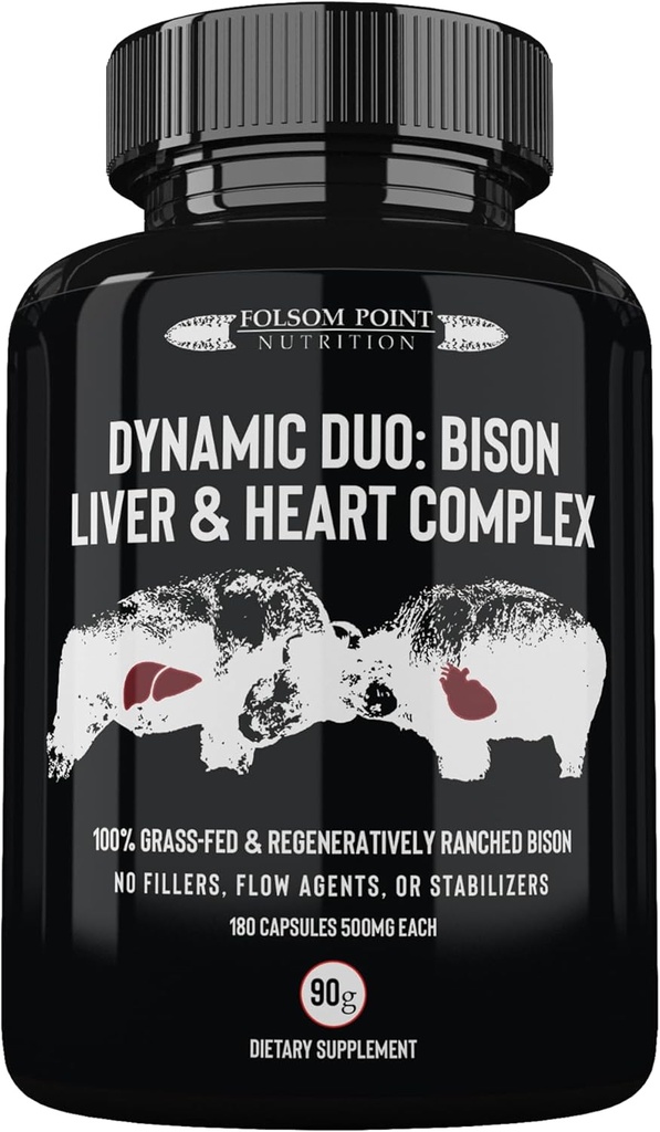 Duo dinâmico: 100% Fio de Bisão alimentado por grama e coração complexo     , Essecated Bison Fígado e coração Pill Supplement (Garrafa única) , Made in USA
