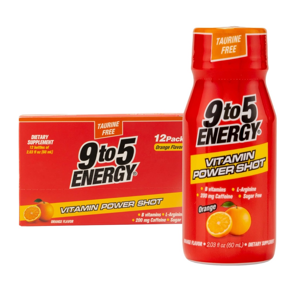 Vitamina Power Shot - sabor laranja, livre de taurina, sem açúcar, 12 Pack (2.03 fl oz cada) - Aumentar a energia, foco e vitalidade com vitaminas B e L-arginina
