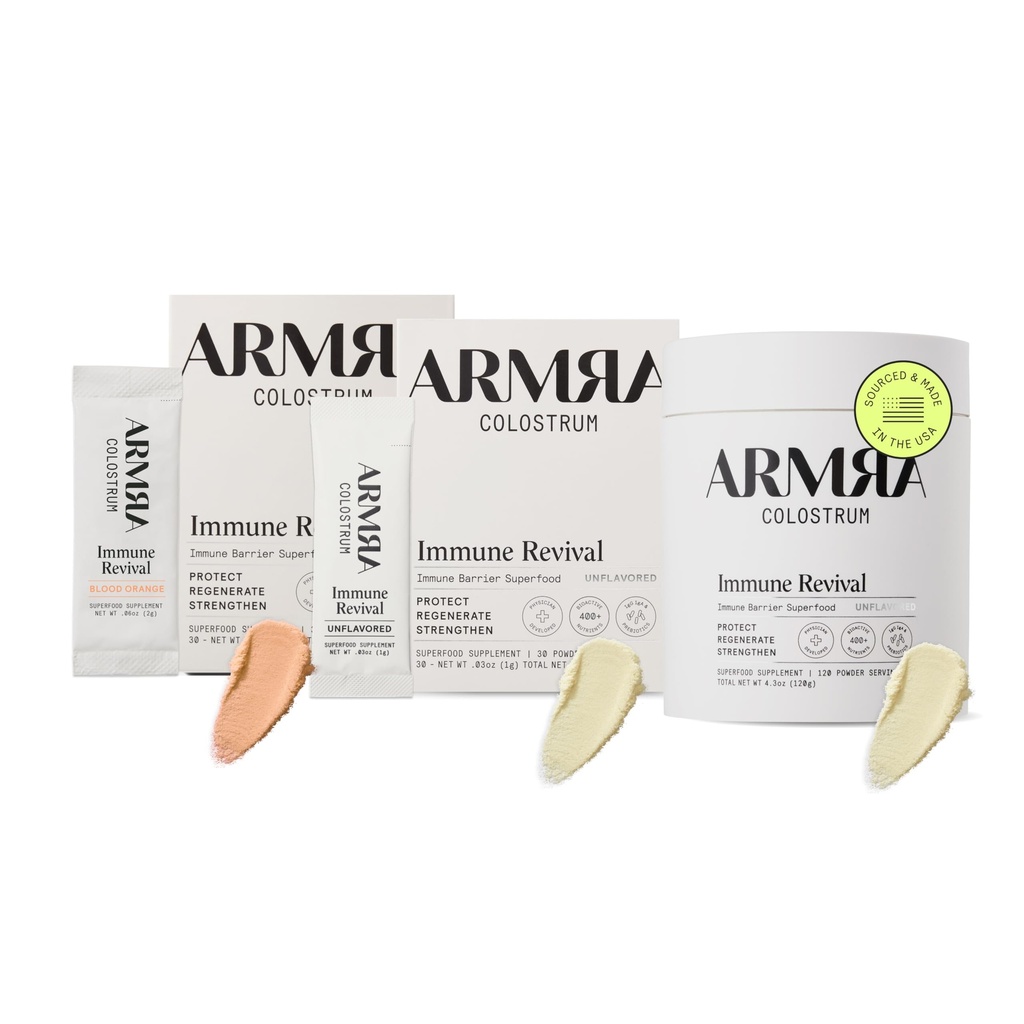 ARMRA ColostrumTM Pó Premium, Feed grama, Gut Health Bloating Imunidade Pele & Cabelo, contém 400+ Nutrientes bioativos, Keto, Gluten & Fat Free (Blood Orange, Unflavored Bundle        . 180 Servings)