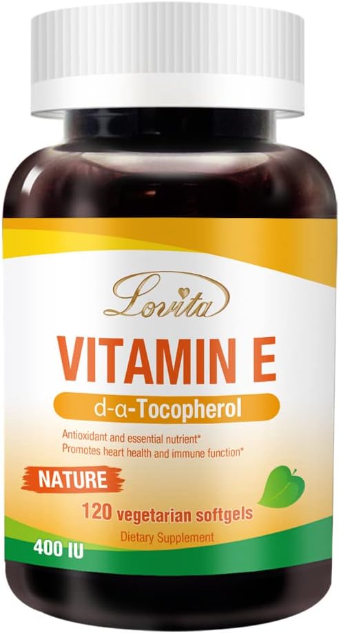 Lovita Vitamina E 400 UI Softgels, Natural Vitamina E 268 mg (como D Alpha Tocoferol), Vegan Vitamina E para a pele saudável, Cabelo, unhas e sistema imunológico Suporte, 120 Vegetarian Softgels