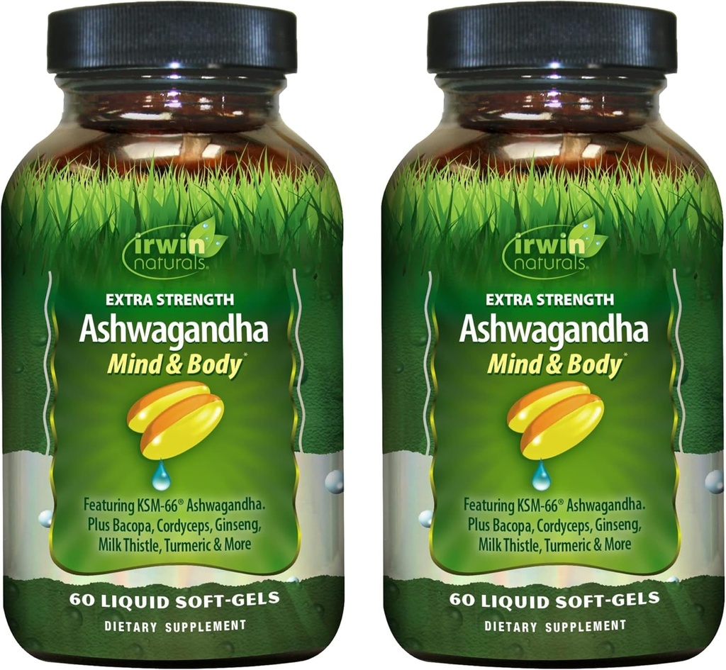 Irwin Naturals Força Extra Ashwagandha - 60 Géis Líquidos Macio - Ajuda a aumentar o desempenho físico e mental - com cardo tumérico e leite - 60 Servings