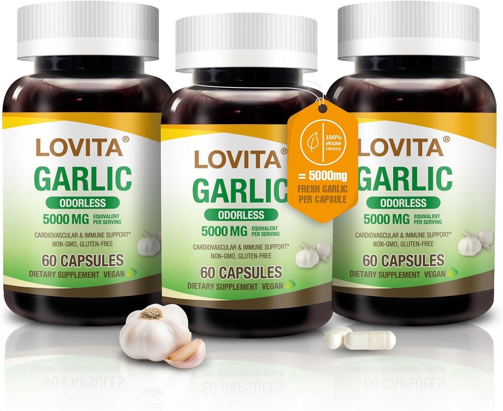 Lovita Odorless Alho Cápsulas, 5000mg Equivalente de alho fresco, 1,25% Extrato de alicina, Suporta o coração, Pressão arterial, Colesterol e sistema imunológico, Não-GMO, Sem glúten, 180 Cápsulas Vegan