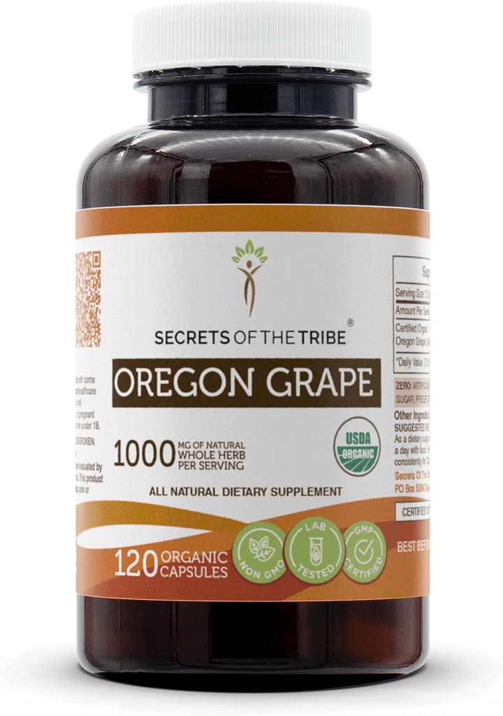 Segredos da Tribe Oregon Grape USDA Cápsulas Orgânicas ou Cápsulas Vegetarianas Orgânicas Certified, Herbal Dietary Supplement