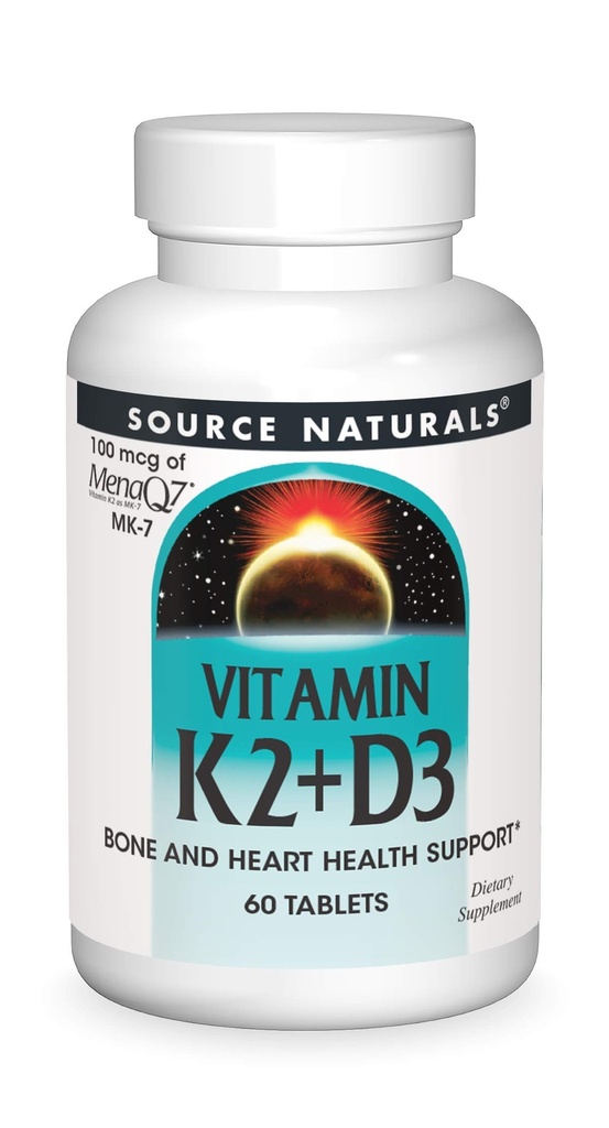 Naturals Fonte Vitamina K2 + D3 Complexo de saúde óssea e cardíaca - 400 UI Vitamina D3 & 100 mcg Vitamina K2 (MK-7) com cálcio - 60 comprimidos
