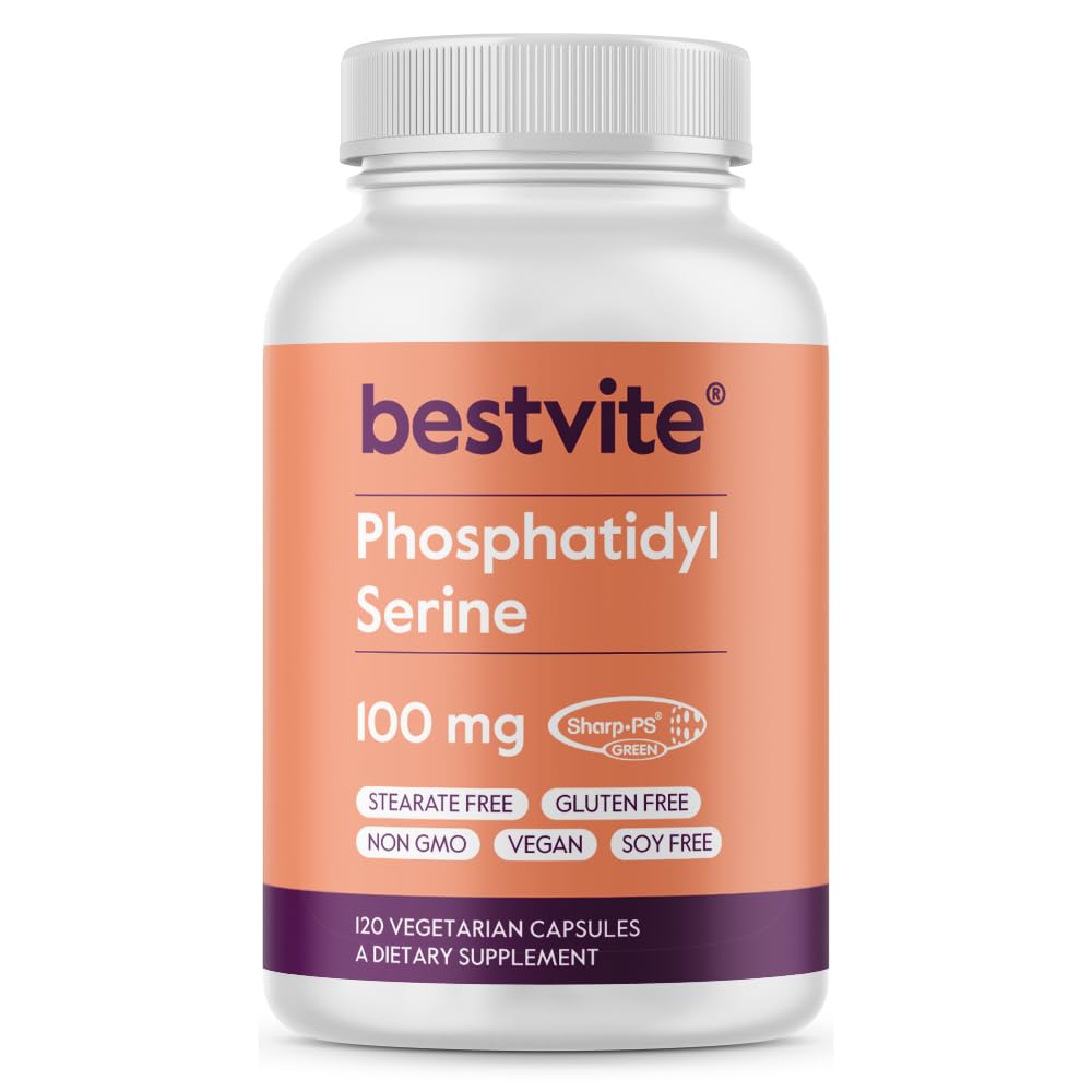 BESTVITE Phosphatidilserina 100mg por cápsula (120 Cápsulas Vegetarianas) com Sharp-PS® Verde - patenteado e clinicamente testado - Stearate Free - Soy Free - Gluten Free - Vegan - Non GMO