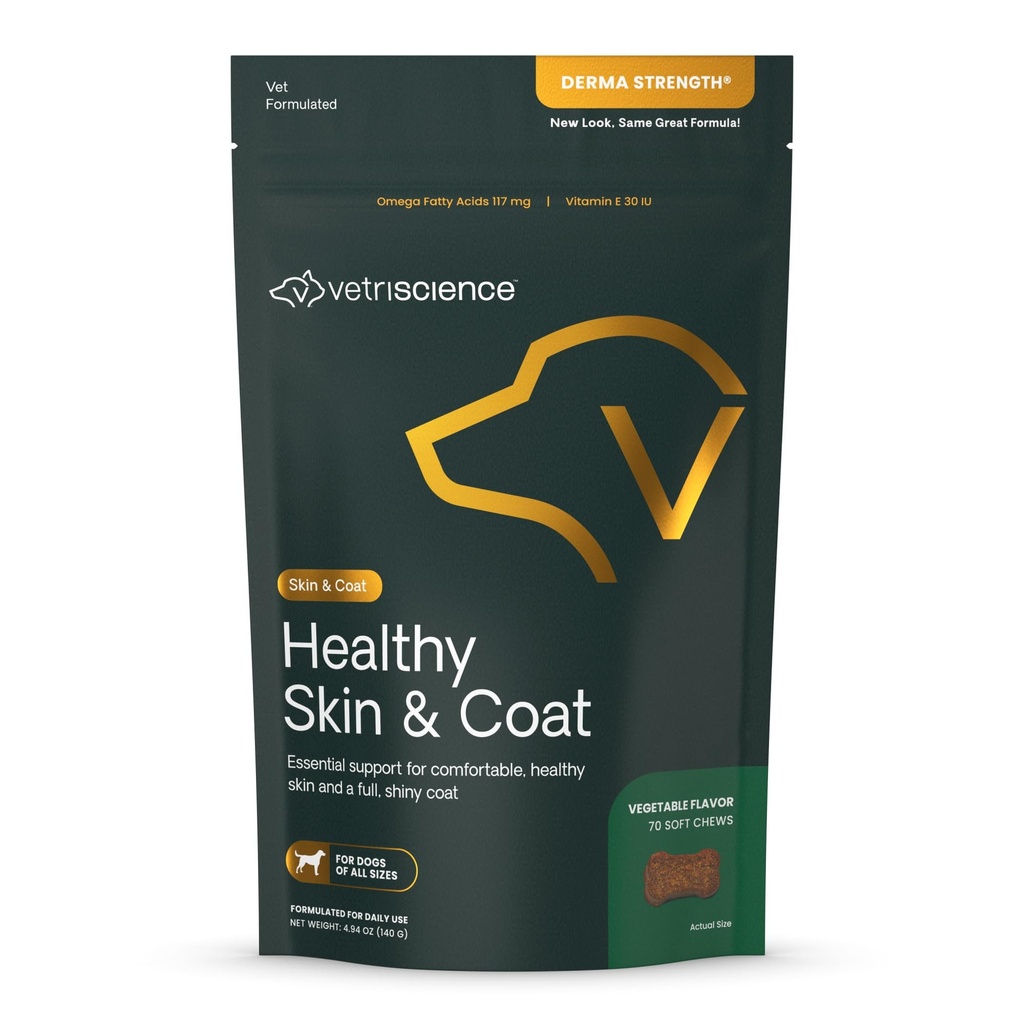 VetriScience Healthy Skin & Coat Chews, Derma Strength Omega-3 Salmon Oil Supplement for Dogs, Omega Skin and Coat Chews, Skin Health, Coat Growth, Fish Oil and Vitamina E, Veggie, 70 Count