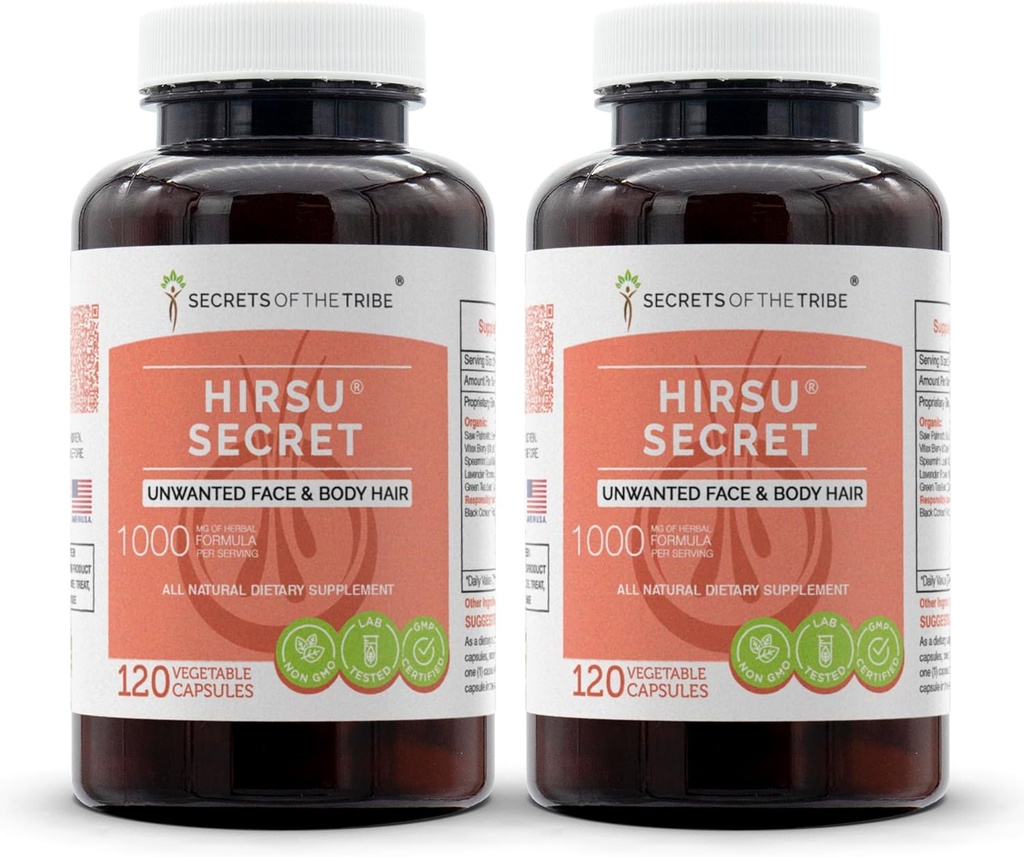 Hirsu Secret 120 Cápsulas(2 pcs.), 1000 mg, Saw Palmetto, Black Cohosh, Vitex, Spearmint, Lavanda, Chá Verde. Rosto e cabelo (2x120 Cápsulas)