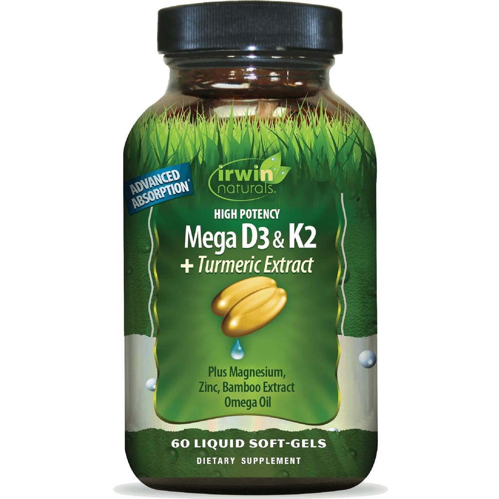 Irwin Naturals de alta potência Mega D3 & K2 + Extrato de Açafrão - 60 líquidos Softgels - Ossos saudáveis e função imune