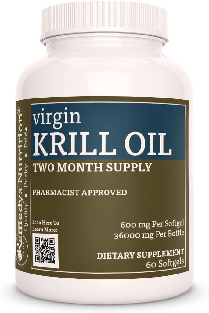 Óleo Virgin Krill Nutrition da Remedy (Ómega-3 ácidos gordos: EPA & DHA) 600 mg, 60 suplementos dietéticos Softgels