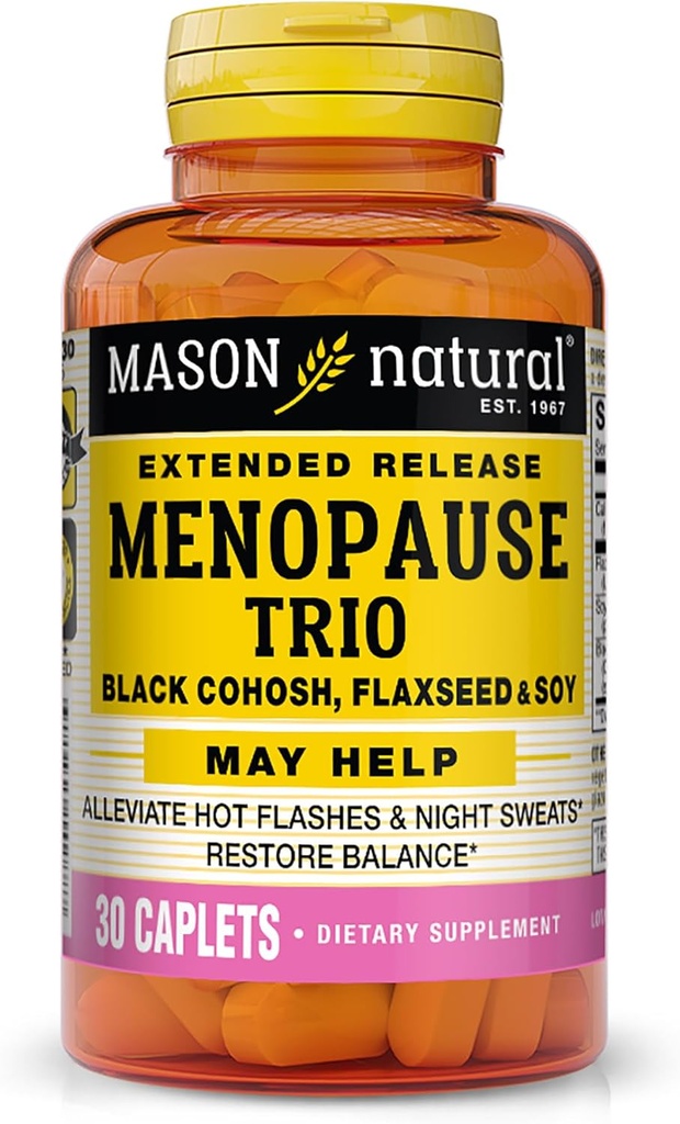 Trio de Menopausa Natural Mason: Black Cohosh, Flaxseed, & Soy (Lançamento Extendido) - May Aleviate Hot Flashes & Night Sweats*, Suporta equilíbrio saudável de hormônios*, 30 Caplets