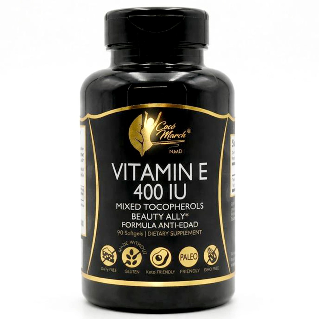 Cocó Março N.M.D Natural Vitamina E 400 UI-Mistured Tocoferols, Beauty Ally, 3 Mês de Fornecimento - Sem glúten, Paleo Friendly, Laticínios Grátis, Keto Friendly, GMO Grátis, 100 Softgels