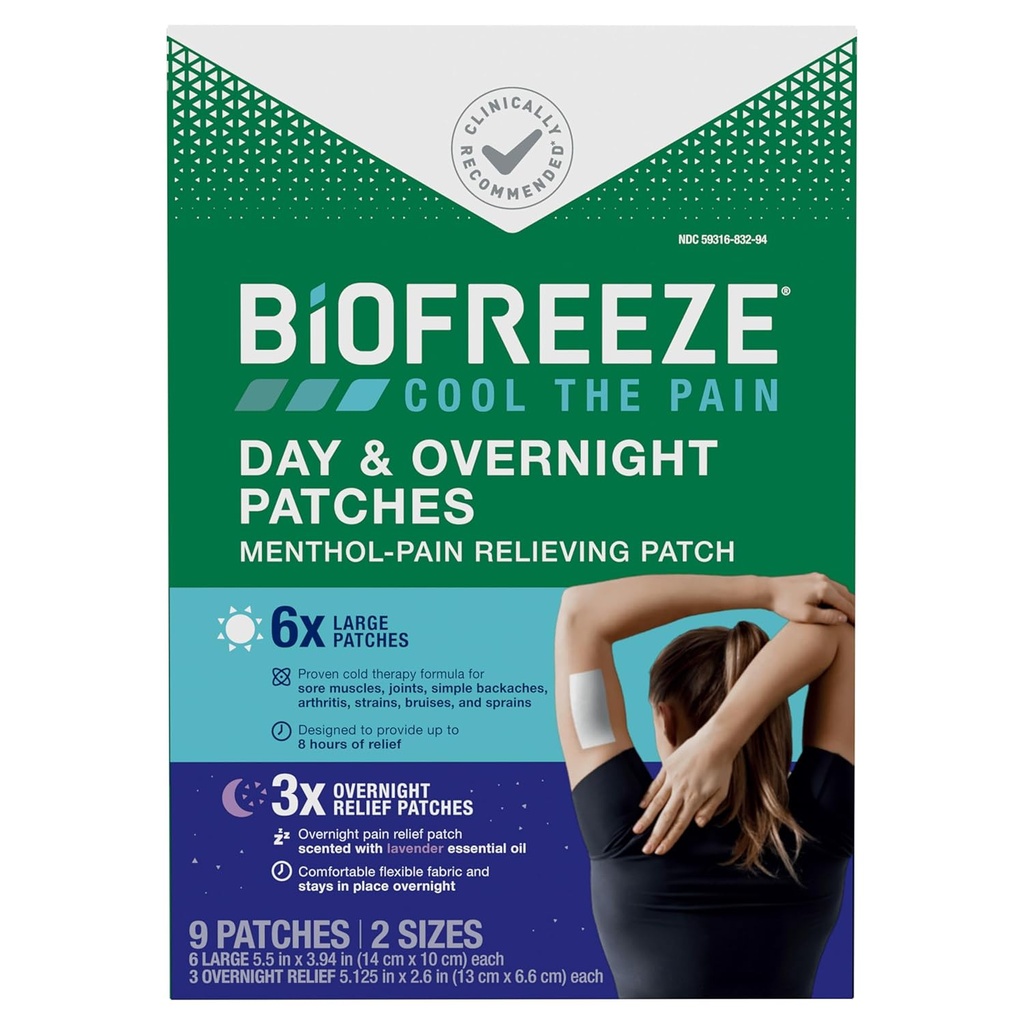 Biocongelamento Dia & Overnight Pain Relief Patches, Menthol Pain Patches para Artrite & Muscle Pain Alief, confortável e flexível tecido fica no lugar, FSA / HSA Elegível, 9 Patches (6 dia, 3 noite)