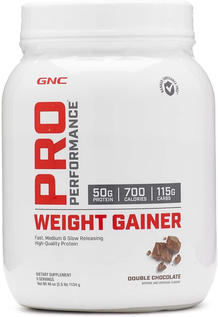 GNC Pro desempenho peso Gainer Protein Powder, 50g de proteína, alta caloria, 700 calorias, suporta massa e recuperação muscular, MCT, BCAA, 3o partido testado, chocolate duplo, 6 Servings, 2,5 lbs