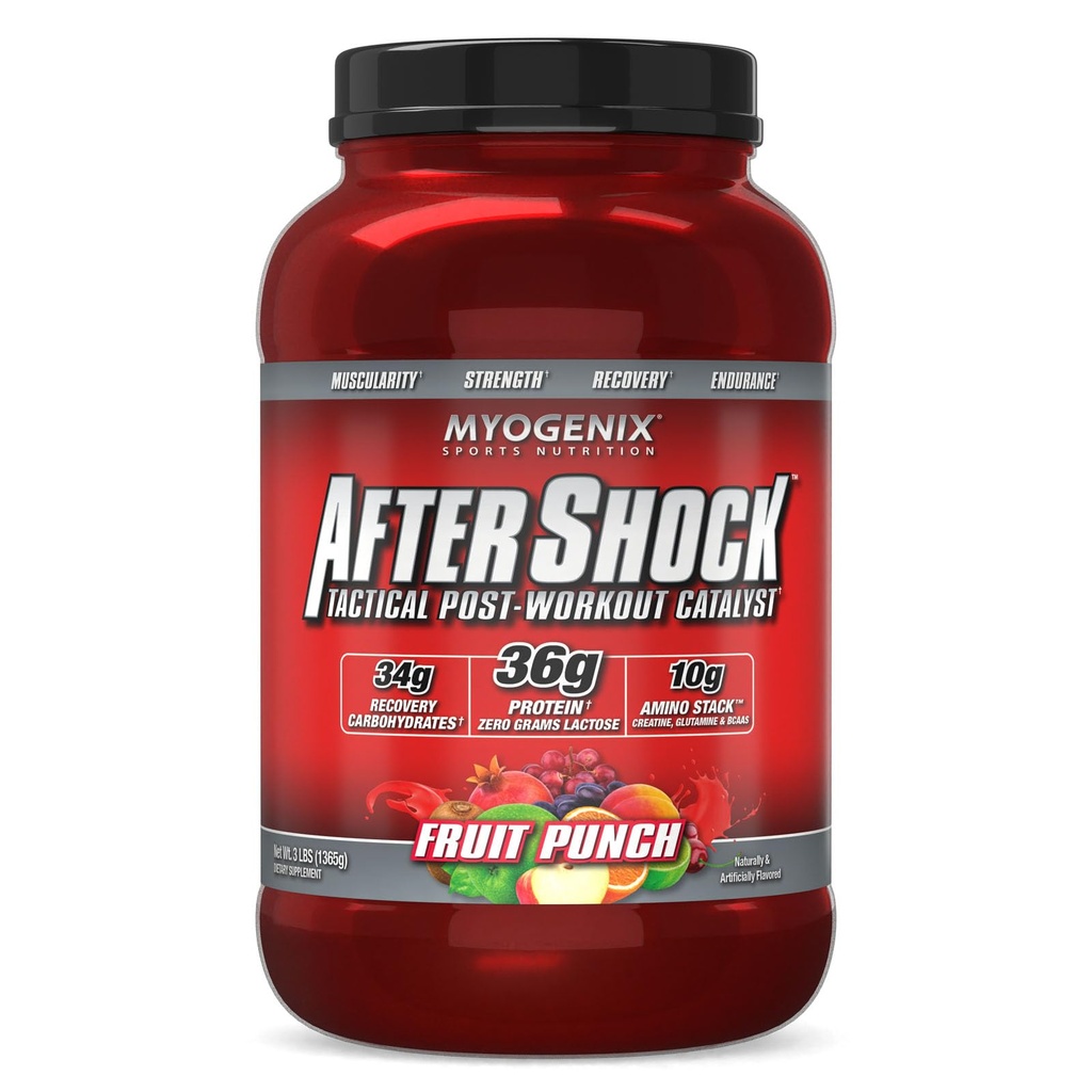 Myogenix Aftershock pós-treino — Muscle Growth Whey Protein Powder — acelera o crescimento e recuperação muscular — apoia a saúde conjunta e replenifica Glycogen — Fruit Punch, 3 lbs