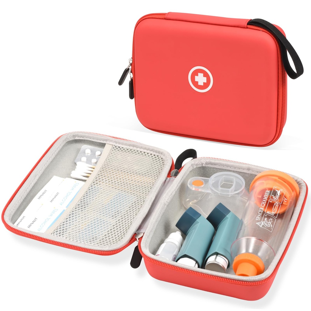Fukumi Hard Travel Case for Asthma Inhaler, Inhaler Spacer Case for Kids and Adults, Máscaras, Acessórios Asthma Case with Mesh Pocket for Medicine and Other Accessories, Red (Somente Caso)