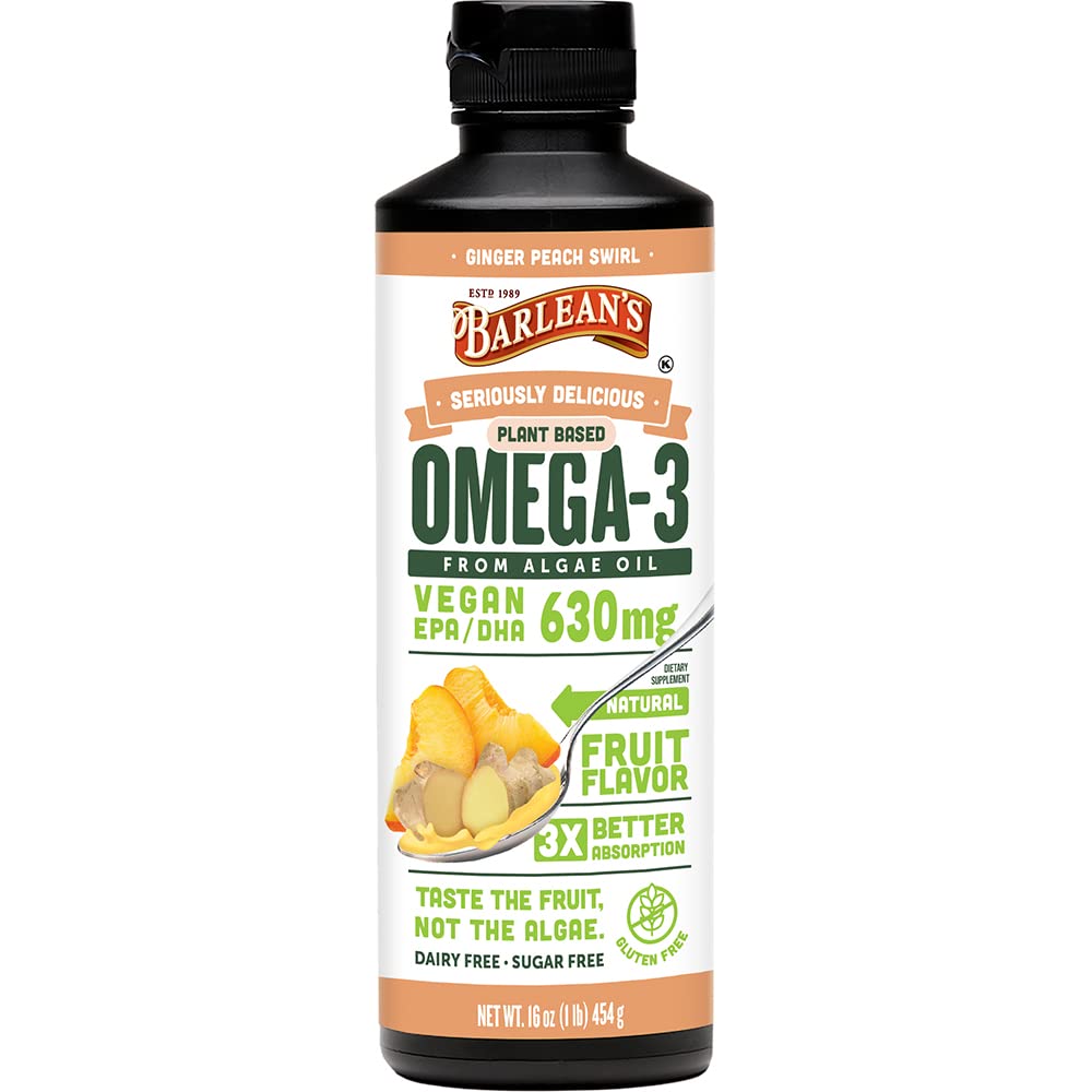 Barlean's Ginger Peach Vegan Omega 3 Suplemento, Óleo de Algas Líquidas com 630 mg EPA & DHA, Ômega de planta de óleo de algas, Não-GMO & Gluten Free, 16 oz