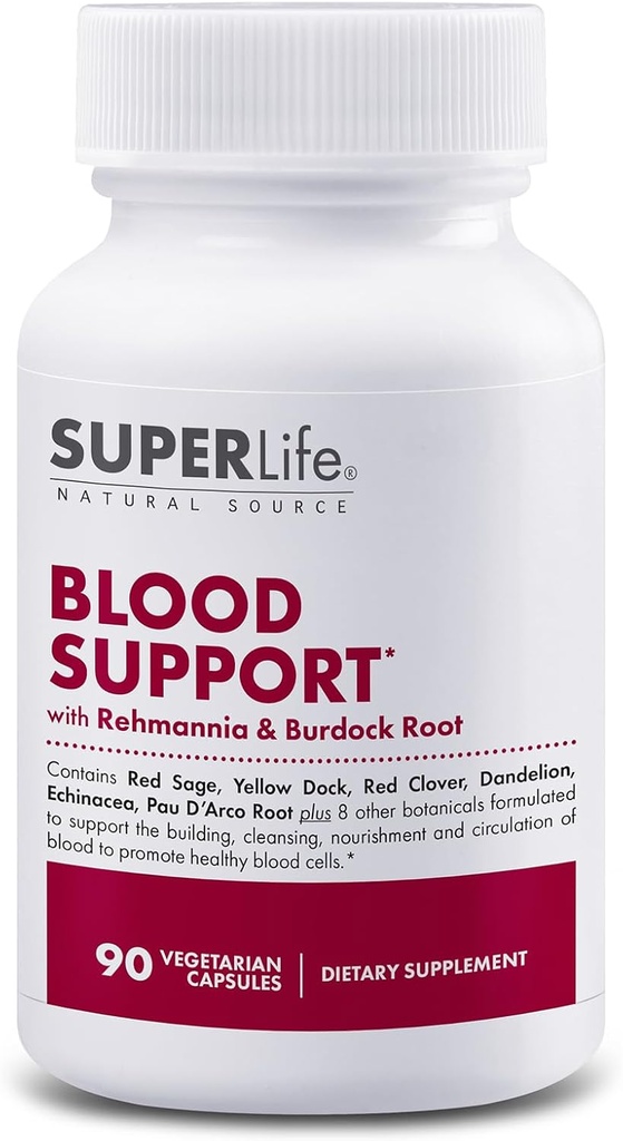 Suporte de sangue - com Rehmannia, Dandelion, Red Clover, Burdock Yellow Dock, Echinacea & Pau D'Arco     , Promove a construção, limpeza, nutrição e circulação de sangue , Suplemento - 90 Cápsulas