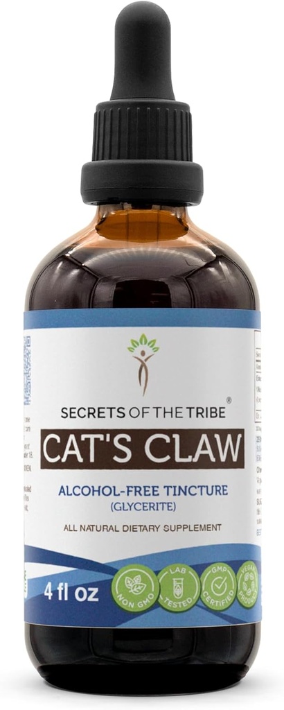 Segredos da Garra de Gato da Tribo Tintura Extrato Líquido Livre de Álcool, Garra de Gato Seca (Uncaria Tomentosa) Bark interno seco (4 FL OZ)