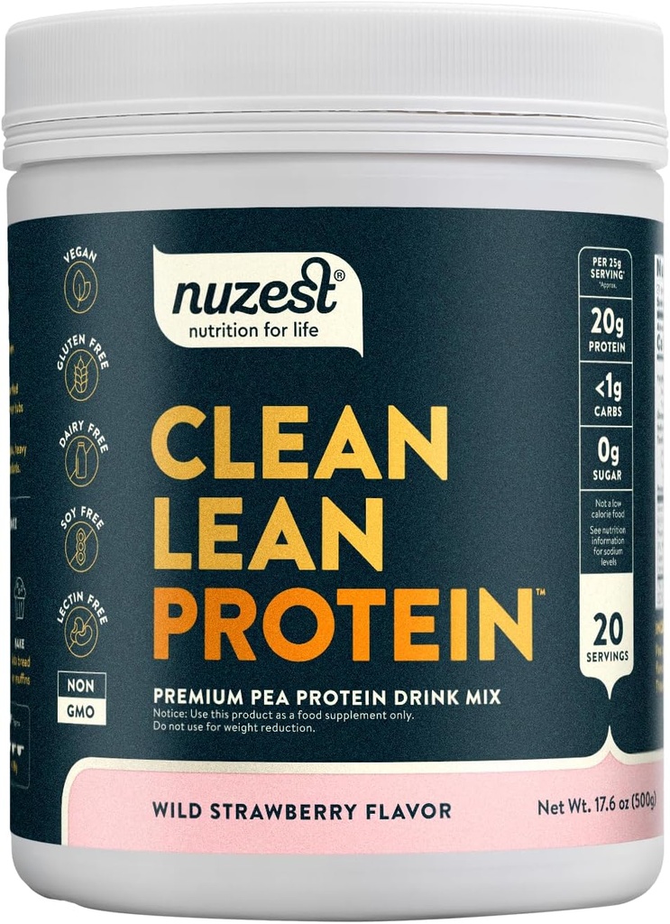 Nuzest - Pó de proteína de ervilha - Clean Lean Protein, Premium Vegan Planta Based Protein Powder, Dairy Free, Gluten Free, GMO Free, Protein Shake (1.1 libras (Pack of 1), Wild Strawberry)