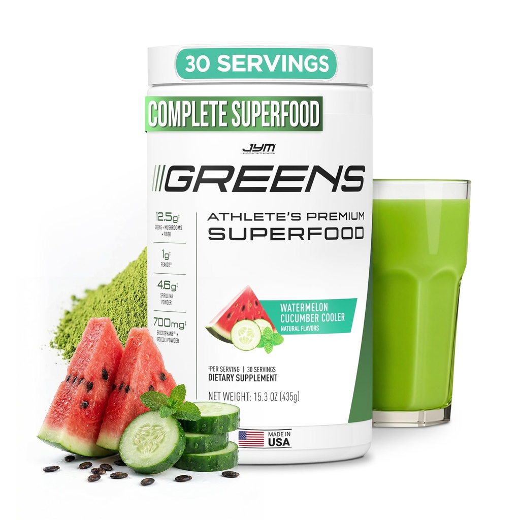 JYM Greens Super alimento em pó para desempenho, Pepino de melancia, espirulina, cogumelos, vitaminas, brócolos e brócolos, homens e mulheres, 30 Servings