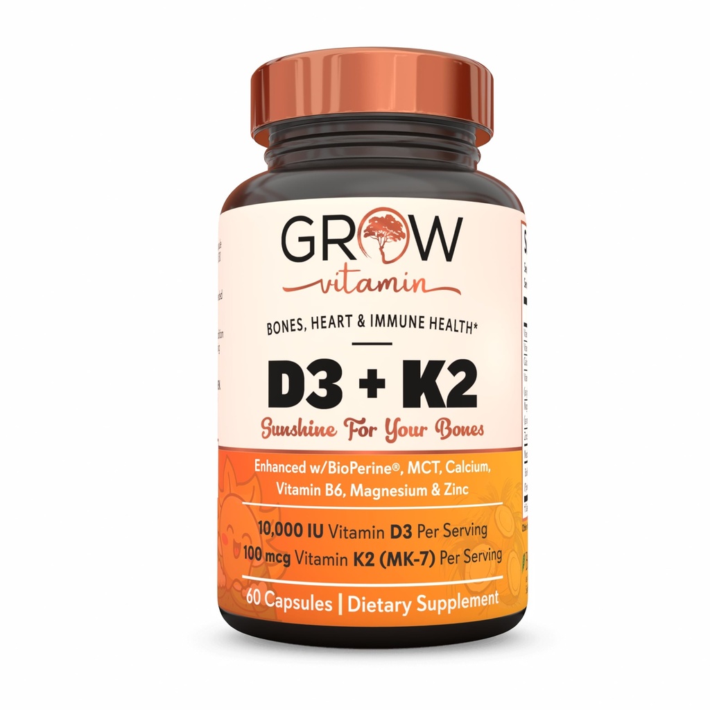 cultivo de vitamina D3 K2 p/MCT Óleo - 10.000 UI D3, 100 mcg K2 MK7, Cálcio, Zinco, BioPerine, Magnésio para Absorção Superior - 60 Cápsulas