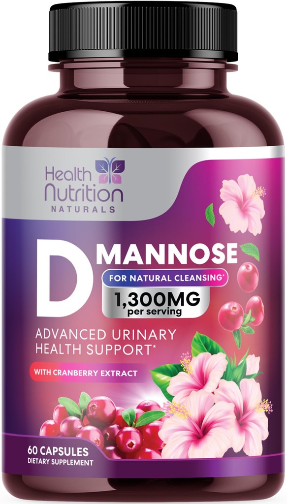 D-Mannose Suplemento 1.350mg - com Cranberry, Hibisco & Dandelion - Atuação rápida, Trato urinário natural e suporte de bexiga para mulheres e homens – Flush & limpeza Impurezas – Não-GMO, Vegan – 60 Cápsulas