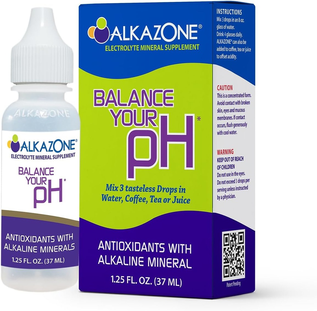 Alkazone Equilíbrio Seu pH, antioxidantes Alcalina Mineral Drops, Pacote único de 1,25 Oz, Portátil, Rende 10 galões de água alcalina, antioxidante, sem sabor, pH equilíbrio, hidratação
