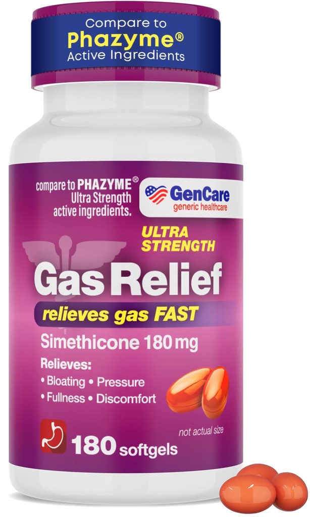 GenCare - Força Ultra Simethicone gás alívio 180 mg (180 Softgels) □ Anti Flatulência, Bloating Aid, Desconforto estomacal e Pílulas de alívio da pressão de gás