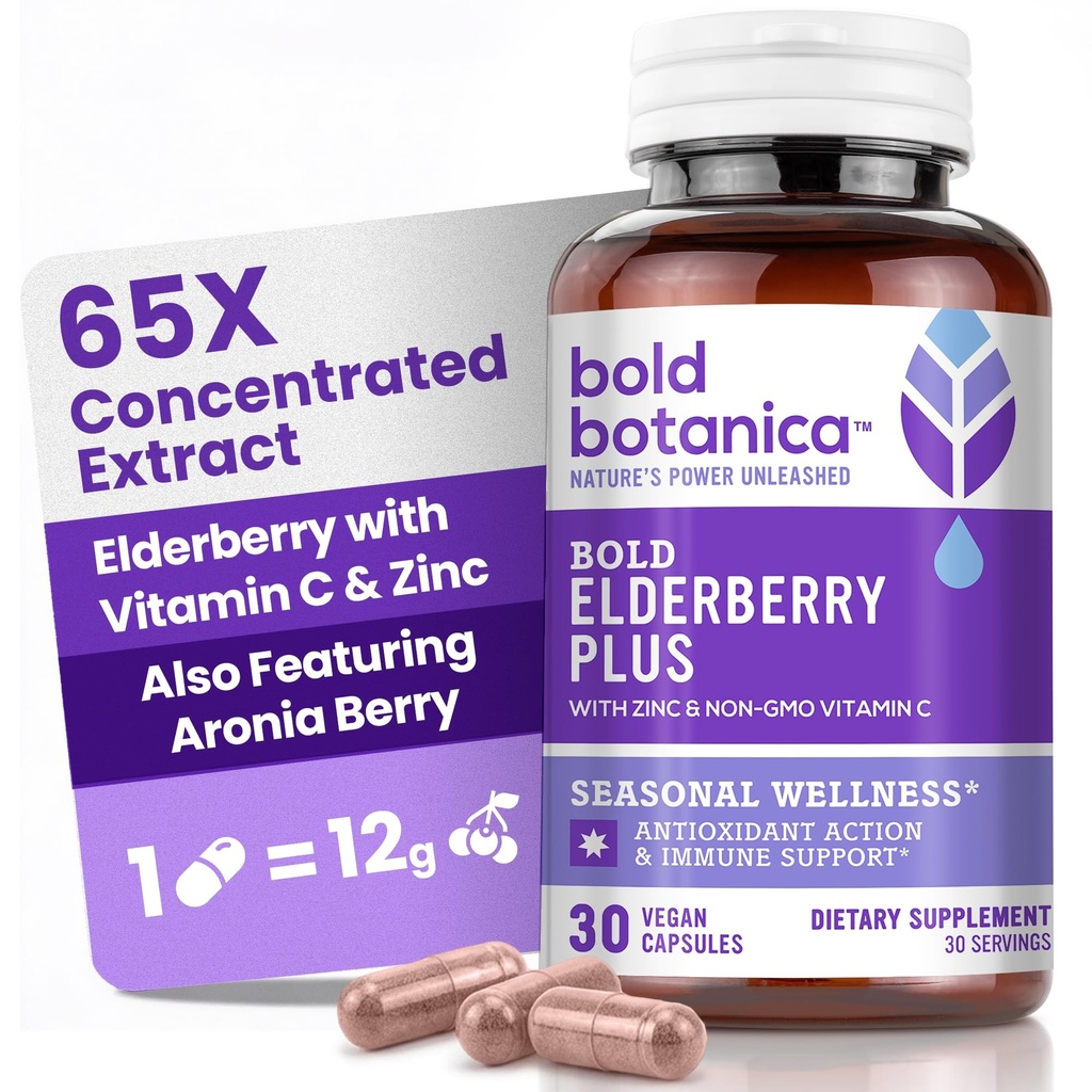 Bold Botanica Elderberry Plus - 65x concentrado preto extrato de elderberry com zinco e vitamina C para o suporte diário imune e bem-estar sazonal - Não-GMO, 30 cápsulas Vegan